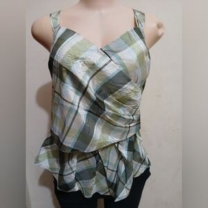 Ann Taylor Plaid Peplum silk taffera Blouse Petite 6p